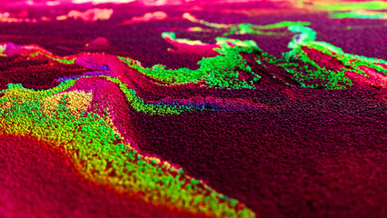 Obraz premium Multicolored particles balls spheres abstract flowing substance liquid with gradient. A stream of particles moves across the background as a simulated wave of dots. Surreal motion. 3d rendering
