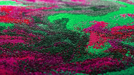 Multicolored particles balls spheres abstract flowing substance liquid with gradient. A stream of particles moves across the background as a simulated wave of dots. Surreal motion. 3d rendering