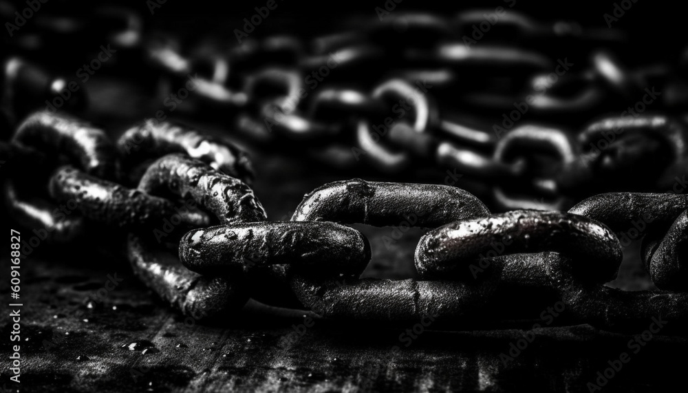 Poster interlocked rusty chains show strength in teamwork generated by ai