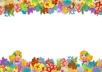 cartoon scene with coral reef mermaid princess and happy fishes swimming near isolated illustration for kids