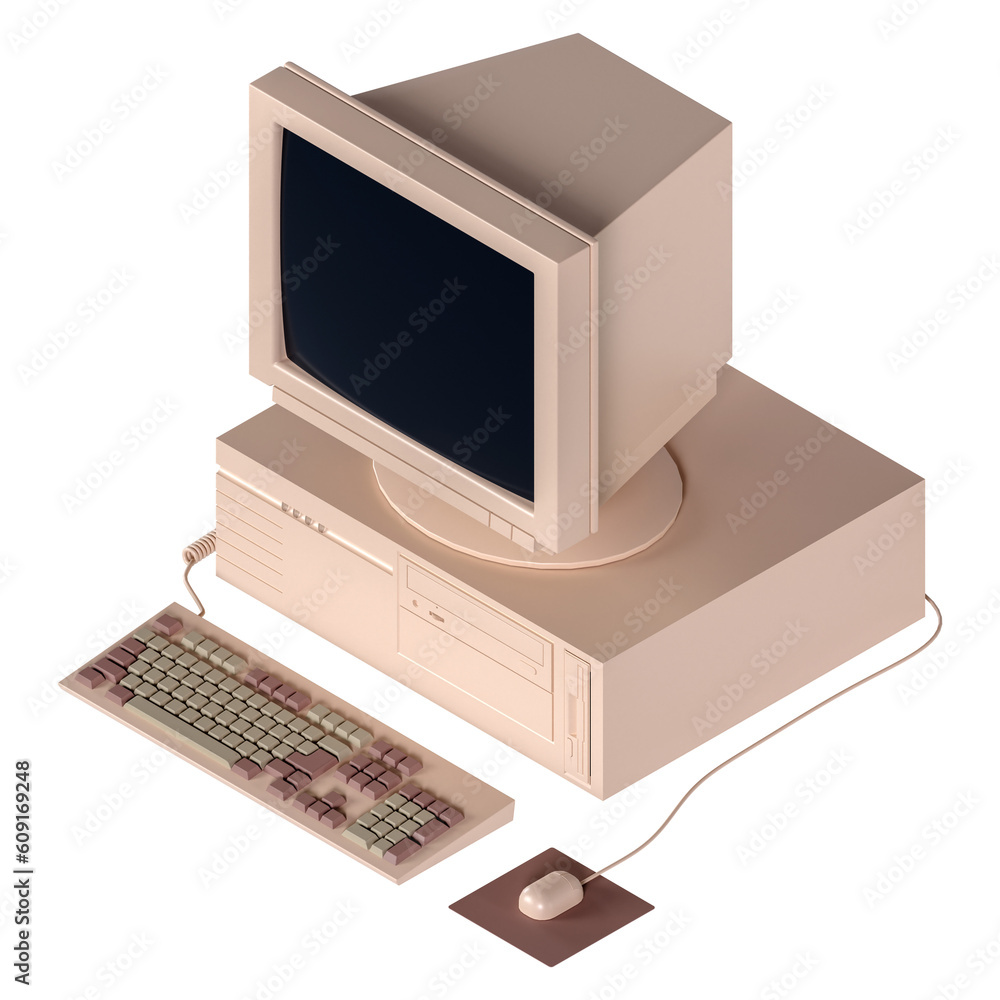 Poster 3d vintage computer monitor with mouse, cpu and keyboard from isometric view