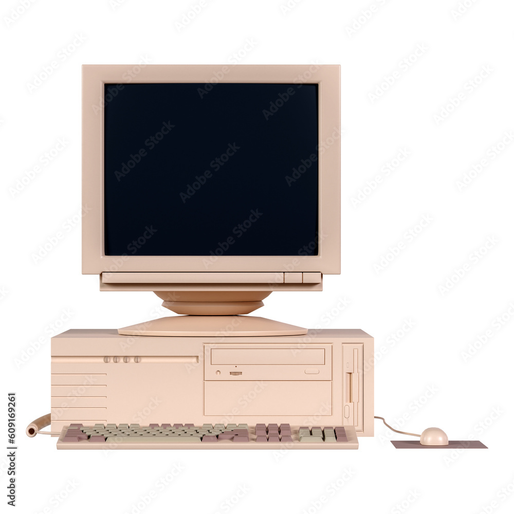 Poster 3d vintage computer monitor with mouse, cpu, and keyboard from front view