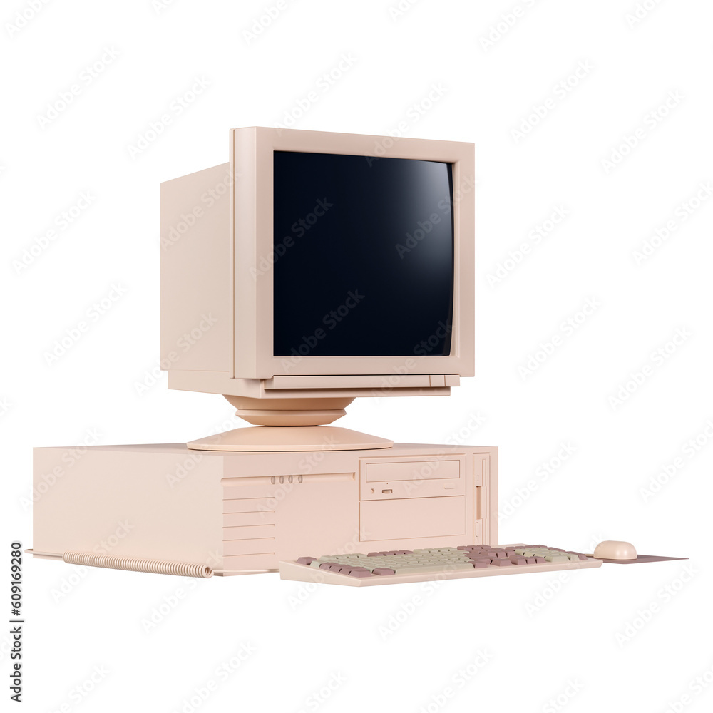 Poster 3d vintage computer monitor with mouse, cpu, and keyboard from side view