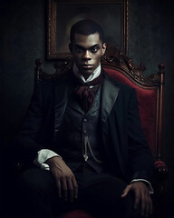 Man in Chair Wearing Black Suit, Dark Victorian Gothic Aesthetic Portrait Illustration [Generative AI]