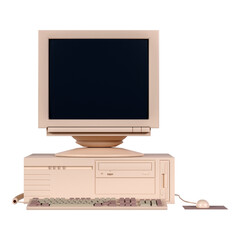 3d vintage computer monitor with mouse, cpu, and keyboard from front view