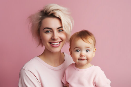 Portrait of a mother holding baby isolated on pink background. High quality photo Generative AI
