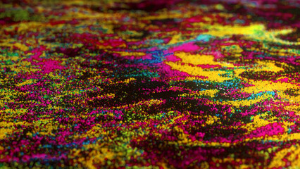 Fototapeta na wymiar Multicolored particles balls spheres abstract flowing substance liquid with gradient. A stream of particles moves across the background as a simulated wave of dots. Surreal motion. 3d rendering