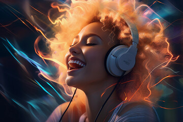  Woman wearing headphones and enjoying listening to music