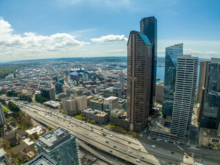 Naklejka na ściany i meble Interstate 5 from Above- Sunny Seattle Aerial Looking South