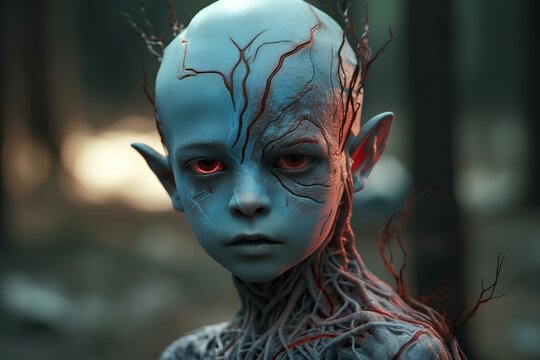 a humanoid boy with a cracked cyan face and red eyes in the style of twisted branches, supernatural creature. generative AI