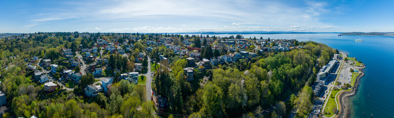 West Seattle Aerial Panoramic View of Alki Admiral Neighborhoods Establishing Shot