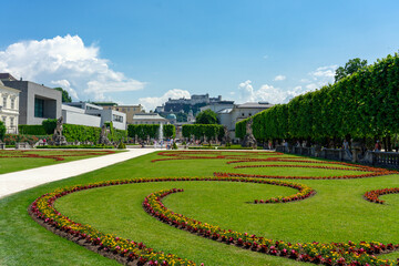 Fototapeta na wymiar Beautiful Mirabell palace in Salzburg Austria with rose garden and statues