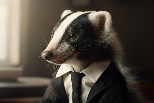 Anthropomorphic skunk dressed in a suit like a businessman. Business Concept. AI generated, human enhanced