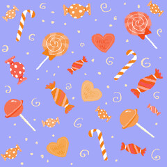 seamless сute seasonal fall October halloween pattern with orange peach lollypop, candies, sweets hearts pastel purple violet background trick or treat celebration scrapbook fabric 