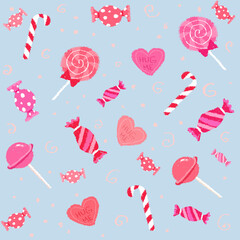 seamless сute seasonal love romantic valentine pattern with red pink magenta lollypop, candies, sweets hearts pastel blue background