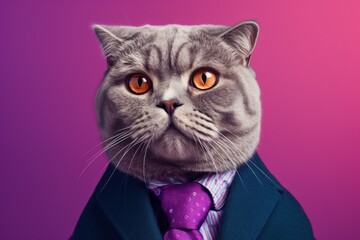 Anthropomorphic cat Scottish fold dressed in a suit like a businessman. business concept. AI generated, human enhanced