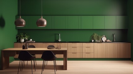 modern green integral kitchen interior with wooden dining area and chairs