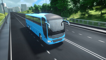 Blue tourist passenger modern bus on the highway. Surrounded by nature, trees, fields. Concept of tourism and transportation of people between cities. Sunny summer day. 3d rendering © MIKHAIL