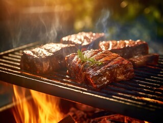 grilled meat and steak on the fired up grill, generative ai
