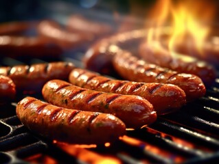 sizzling hot sausages on charcoal bbq grill, generative ai - obrazy, fototapety, plakaty