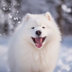 Obraz premium Fluffy Samoyed Pup Enjoying a Winter Wonderland