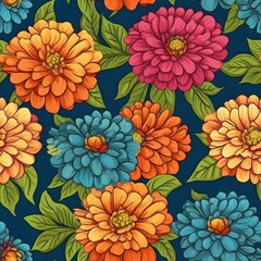 Seamless fabric pattern of colorful bright zinnias flower. Design for paper, cover, fabric, interior decor, textile and other users. Generative AI