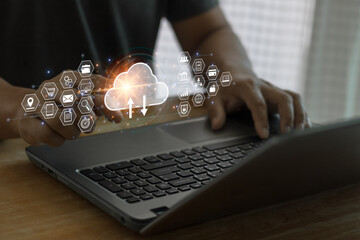 Cloud computing technology and online data storage for business network concept. Big data and analytics visualization technology with Database storage cloud technology file data transfer sharing.