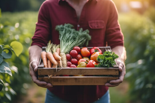 Hands young farmer is holding a box of organic vegetable. Generative AI