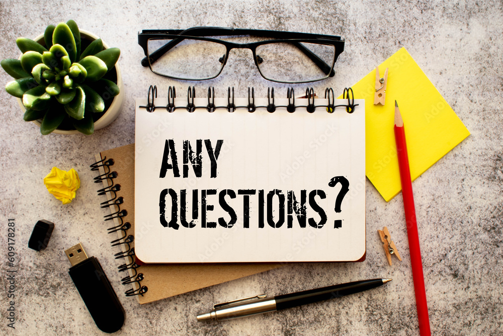 Poster red text any questions and paper question mark with white background.