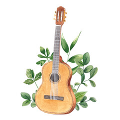 Classical guitar in leaves and greenery isolated on white background. Watercolor hand drawn illustration of a wooden stringed musical instrument. Clipart for postcards, stickers. Forest camping.