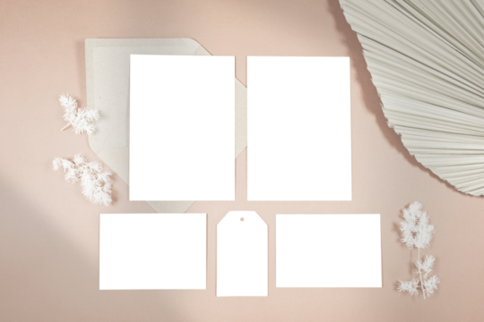 Wedding stationery suite cards styled with minimalist boho decor and on-trend shadow photography. Two 5x7 invitations, two half cards, and gift favor tags mockup.