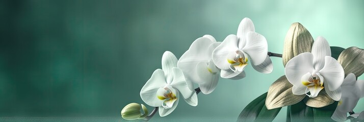 Naklejka na ściany i meble Orchid Dreams Background: Minimalist Platinum with Emerald Enchantment - A Serene Fusion of Elegance and Natural Beauty Backdrop - Orchids Wallpaper created with Generative AI Technology