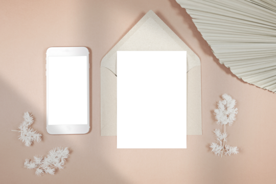 Wedding stationery suite cards styled with minimalist boho decor and on-trend shadow photography. 5x7 invitation card and smartphone cell mobile phone evite mockup. 