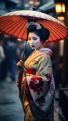 Fototapeta premium Geisha Elegance: A Japanese Woman Adorned in Traditional Geisha Attire on a Japanese Street, Generative AI