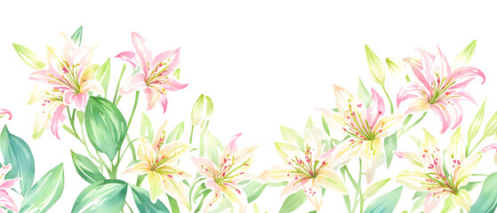 Fototapeta na wymiar Beautiful lily flower wedding invitation. Frame of lilies. Watercolor illustration. Decorative item for Wallpaper, wrapping paper and backgrounds, postcards and wedding invitations. Generative AI.