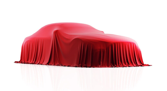 Car covered with red cloth on a white background 