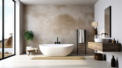 Fototapeta na wymiar New bathroom interior with copy space on wall Generative AI