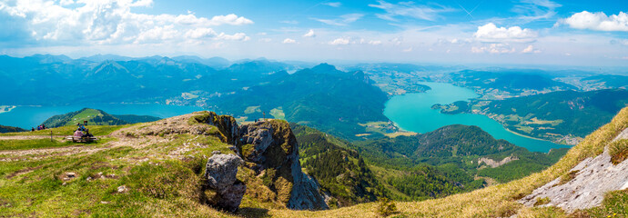 View from famous mount Schafberg, Salzkammergut, Austria, in summer