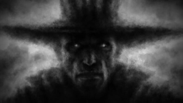 Scary male face in big hat. Evil ghost 2D animation. Gloomy maniac silhouette. Dark fantasy movie. Horror video. Spooky character from nightmares. Music clips, VJ loops. Black and white background.