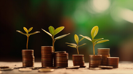 Fototapeta na wymiar a row of stacks of coins with a plant growing out of them. Tree leaf on save money coins, Business finance saving banking investment concept. Generative AI