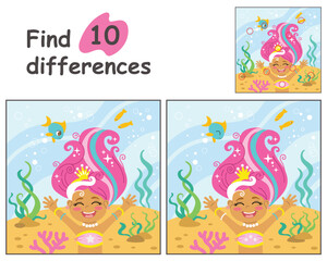Find 10 differences with cute mermaid vector illustration