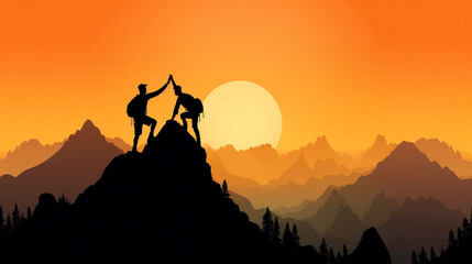 Fototapeta na wymiar Accomplishment concept , with silhouette of two hikers giving high five on mountain top. Generative AI