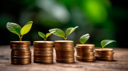 Fototapeta na wymiar a row of stacks of coins with a plant growing out of them. Tree leaf on save money coins, Business finance saving banking investment concept. Generative AI
