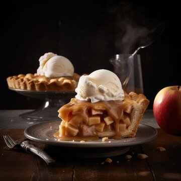 Luxurious Apple pie with ice cream and warm caramel sauce served on dark plate with blurred and dark background. AI Generated