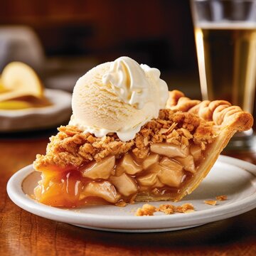 Heavenly Apple pie with ice cream and crumble served on white plate with blurred background. AI Generated