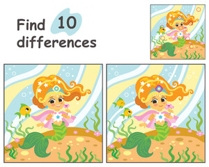 Find 10 differences with happy mermaid vector illustration