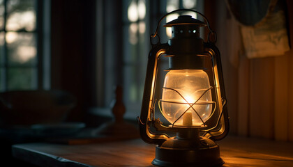 Antique lantern glowing with kerosene flame outdoors generated by AI