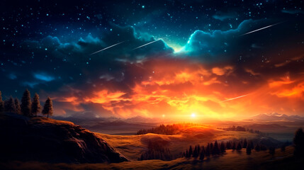 Beautiful celestial sky in dreamy fantasy with bright star in the sky over nature. Generative AI