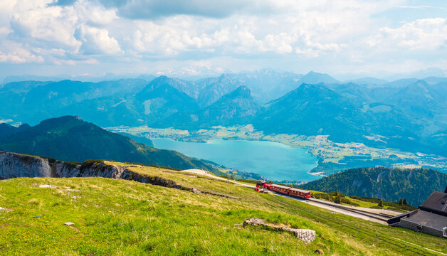 View from famous mount Schafberg, Salzkammergut, Austria, in summer