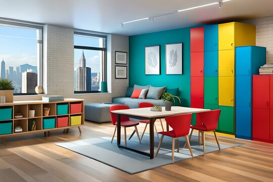 image of a vibrant children's and teenage playroom with colorful furniture, educational toys, 